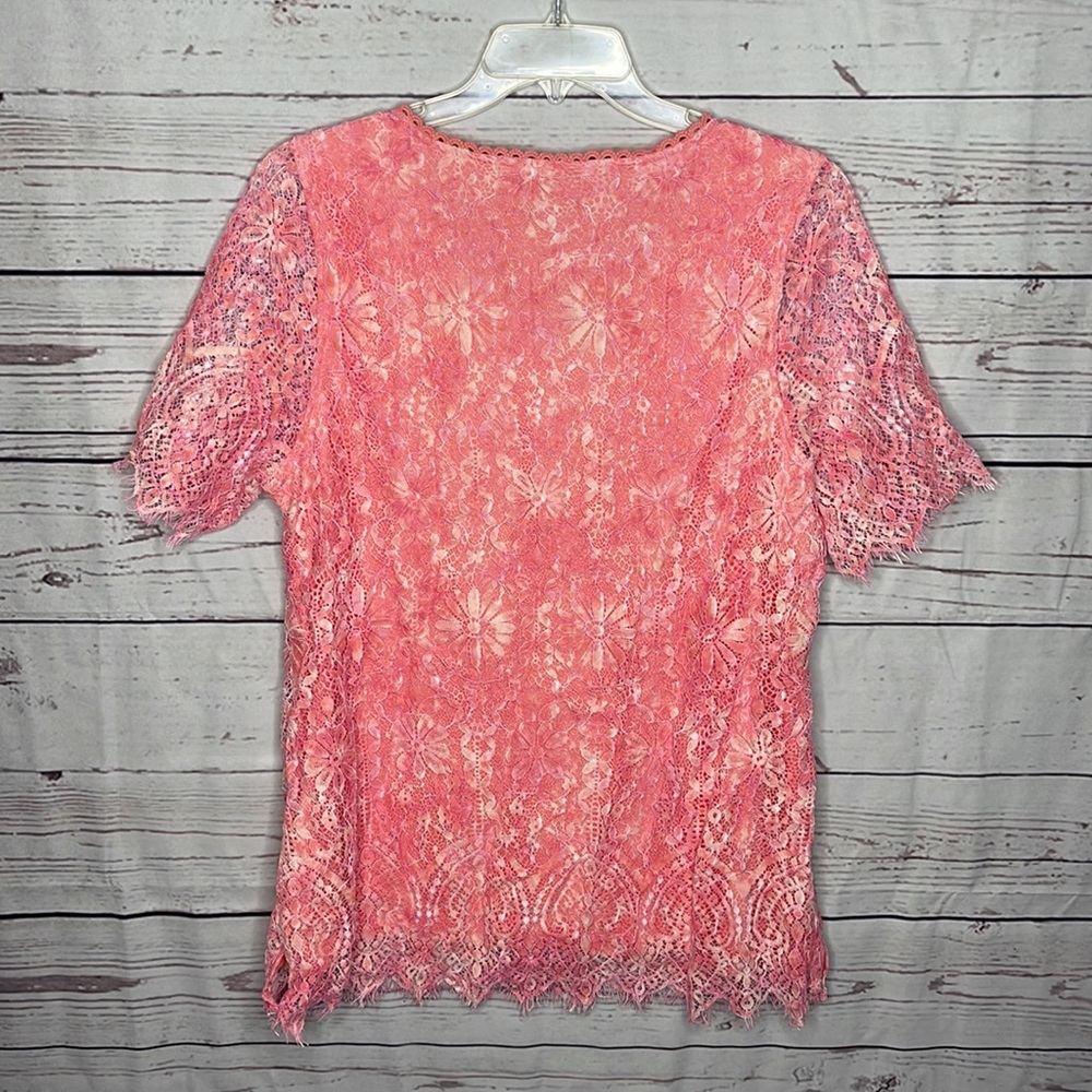 Isaac Mizrahi Live Peachy Pink Lined Lace V Neck S/S Blouse Sz XL! - Picture 8 of 8